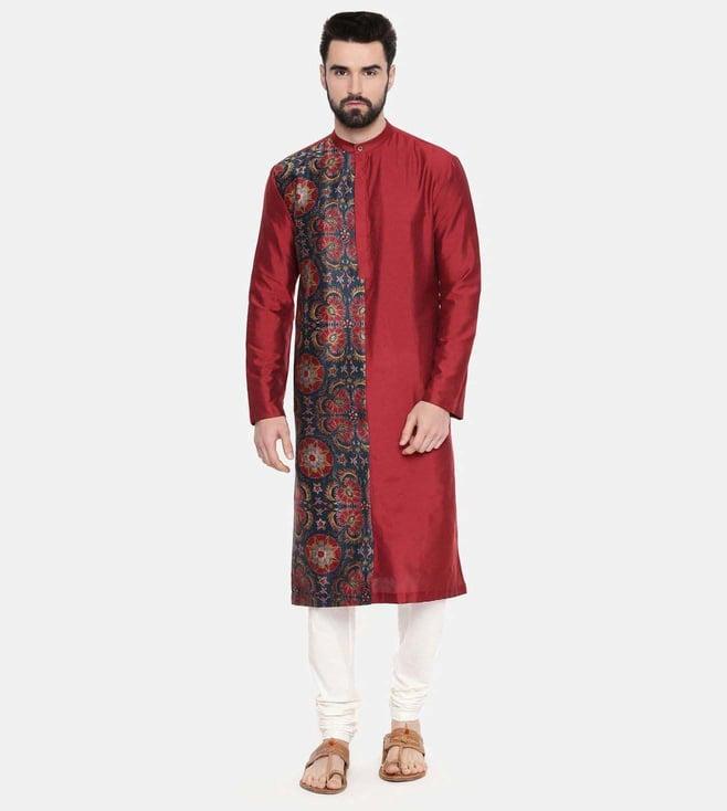 mayank modi red printed silk kurta set