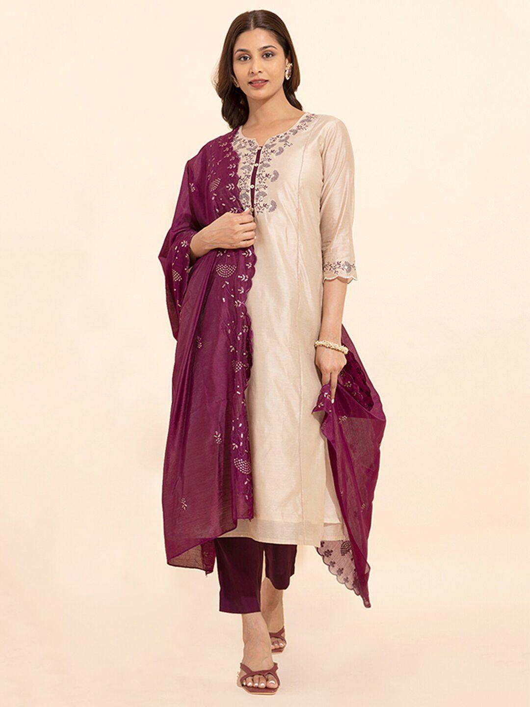 maybell embroidered pure silk straight kurta with trouser & dupatta