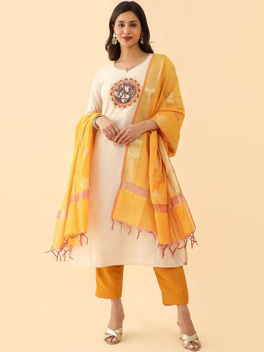 maybell ethnic motifs printed thread work straight kurta with trousers & dupatta
