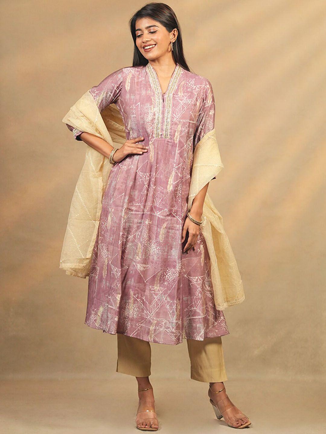 maybell abstract printed kurta with trousers & dupatta