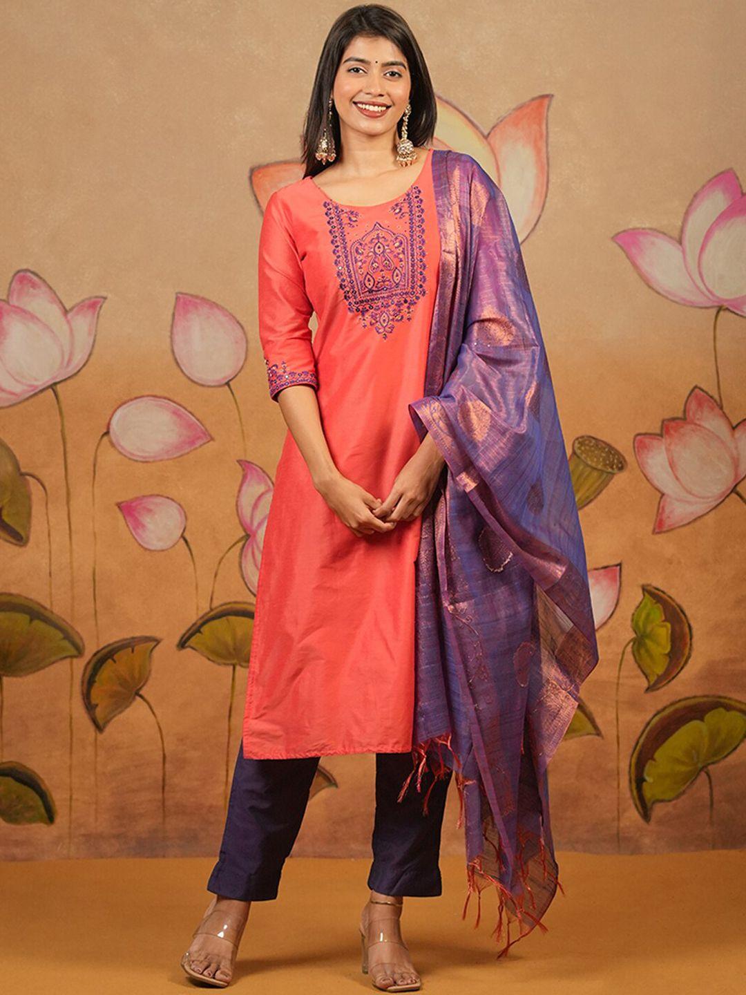 maybell embroidered mirror work kurta with trousers & dupatta