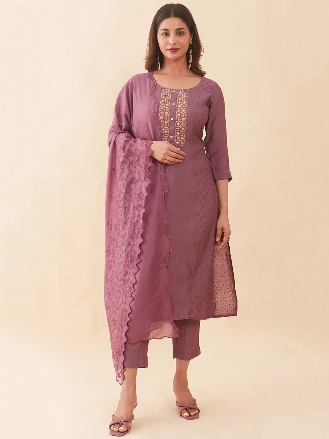 maybell embroidered mirror work kurta with trousers & dupatta