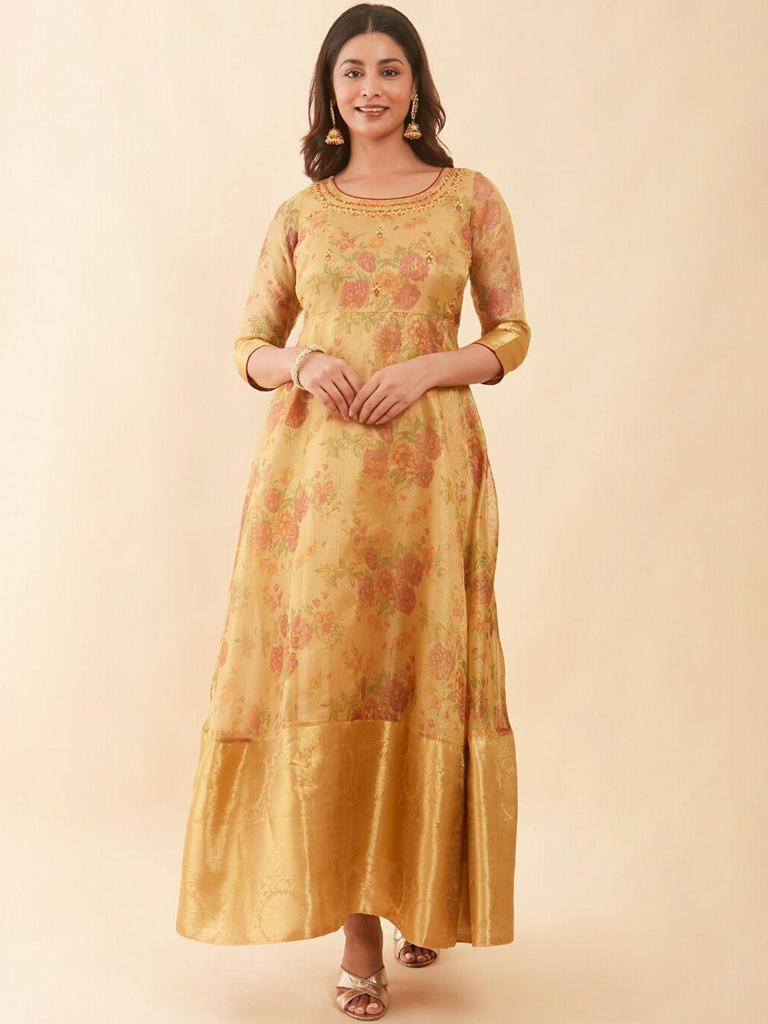 maybell embroidered round neck fit& flare pleated maxi ethnic dress