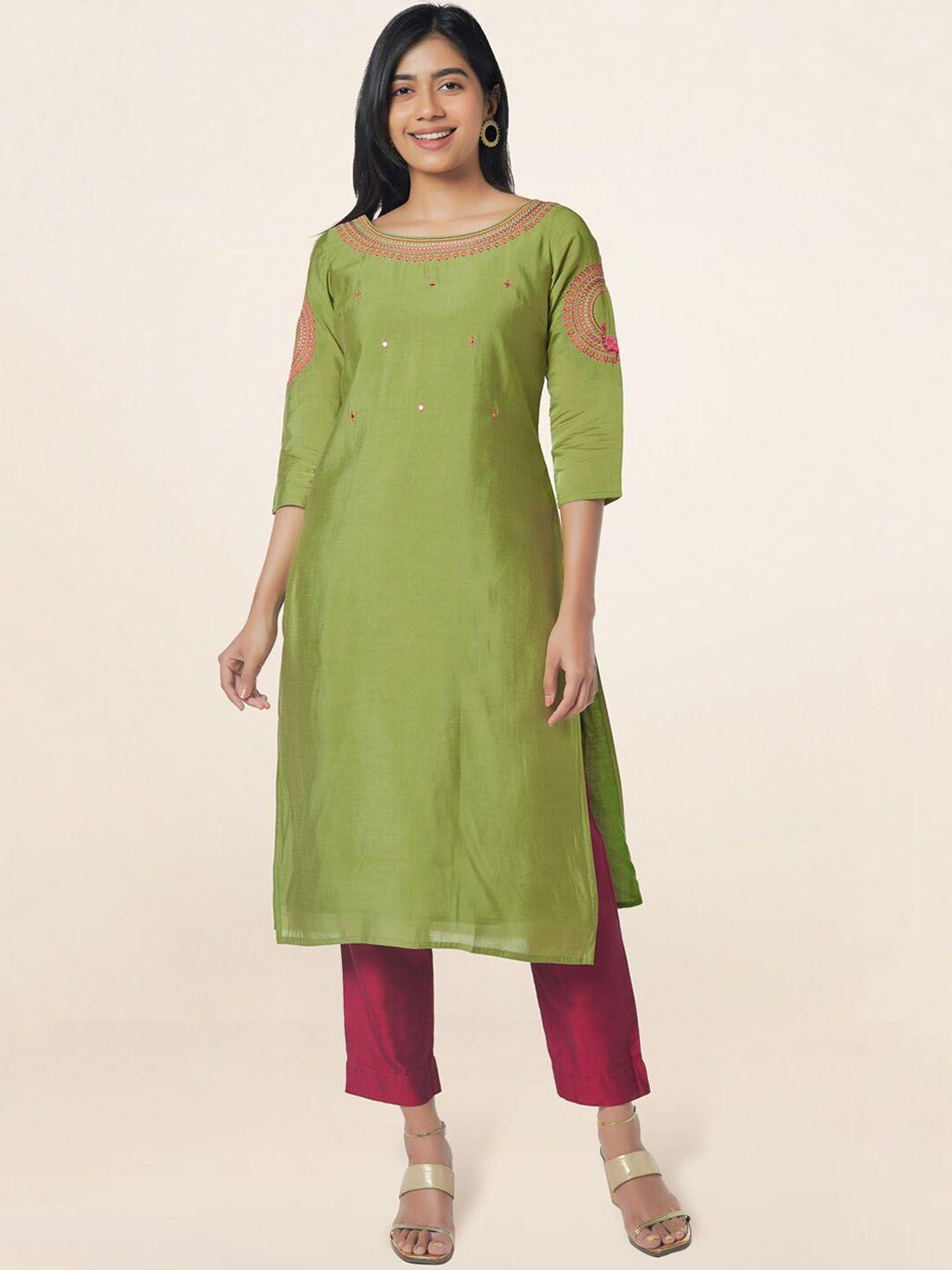 maybell embroidered yoke design boat neck mirror work kurta