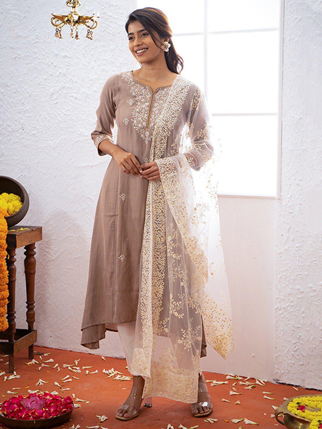 maybell ethnic embroidered straight kurta with churidar & dupatta