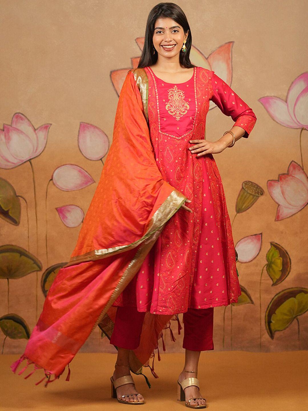 maybell ethnic motif embroidered kurta with trousers & dupatta
