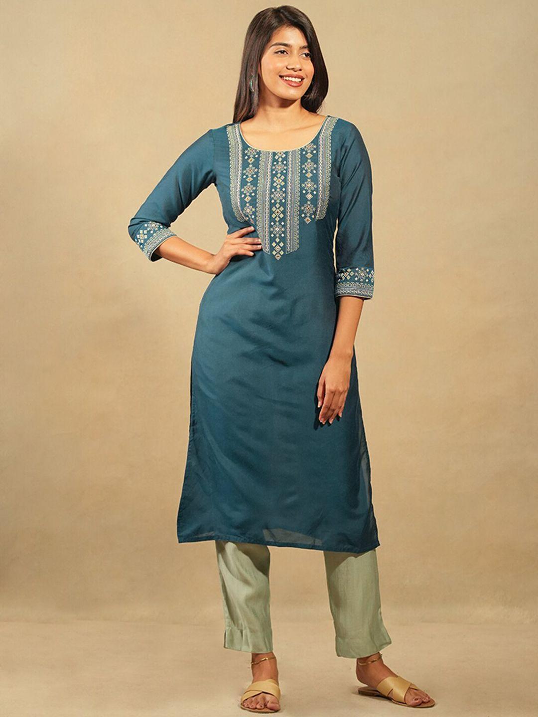 maybell ethnic motifs embroidered straight thread work art silk kurta