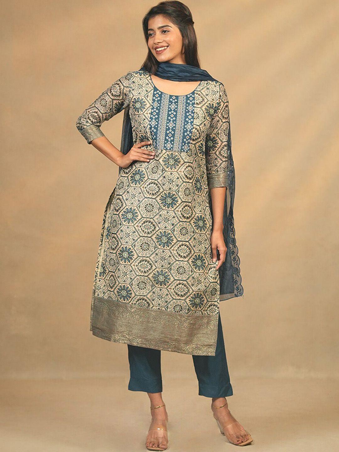 maybell ethnic motifs printed chanderi silk kurta with trousers & dupatta