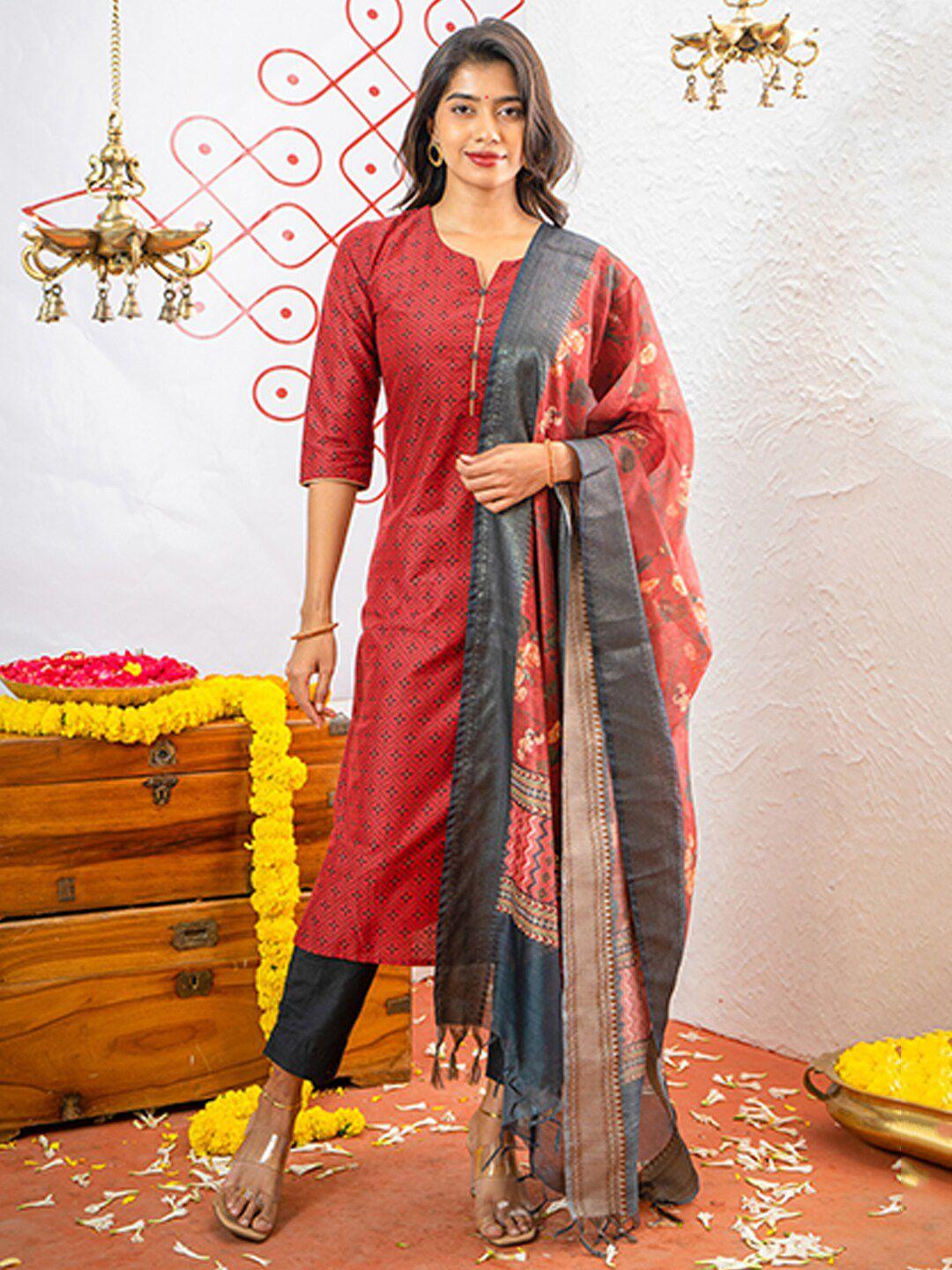 maybell ethnic motifs printed pure cotton straight kurta with trouser & dupatta