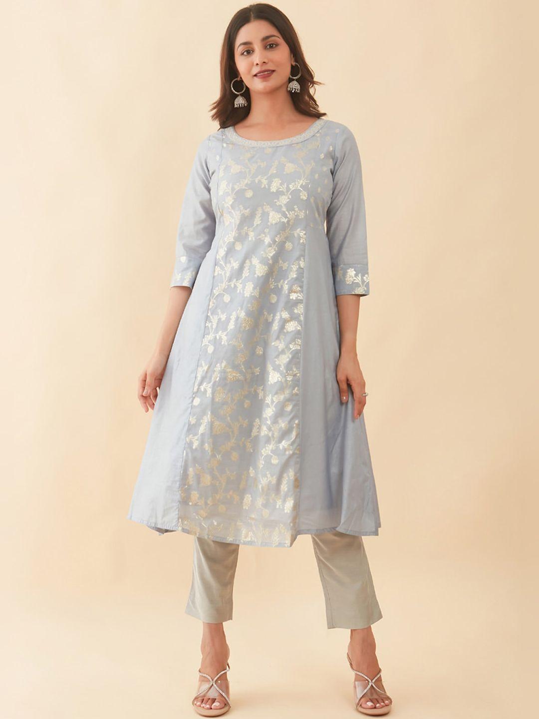 maybell ethnic motifs woven design round neck thread work a-line kurta