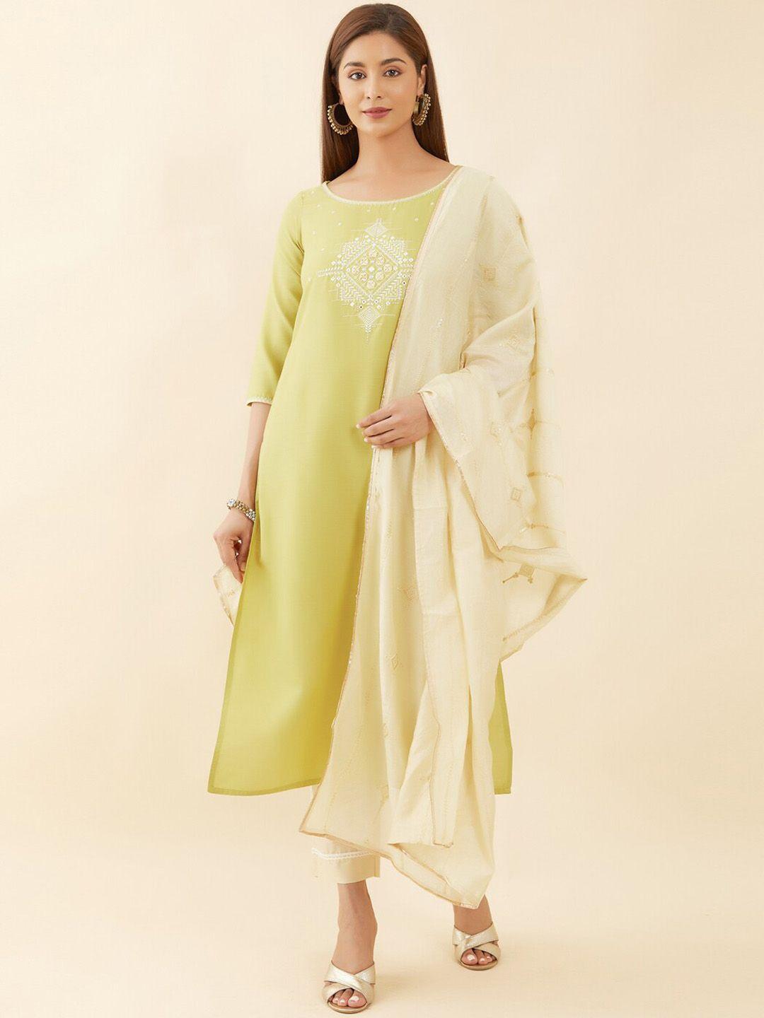 maybell floral embroidered pure cotton kurta with trousers & dupatta