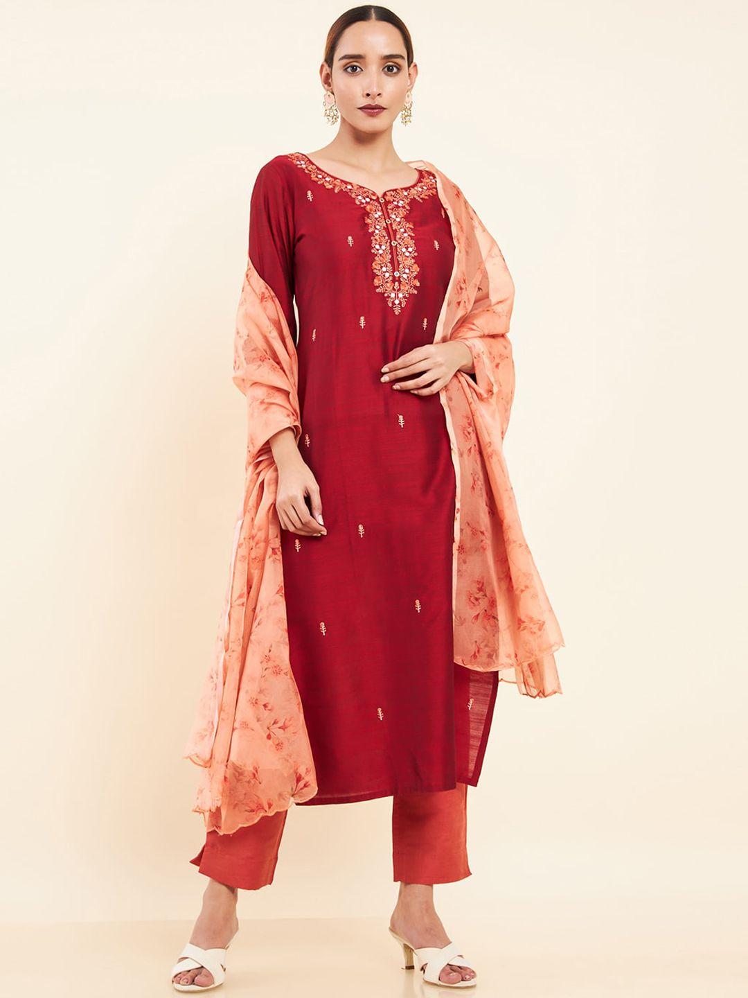 maybell floral embroidered pure silk kurta with trousers & dupatta