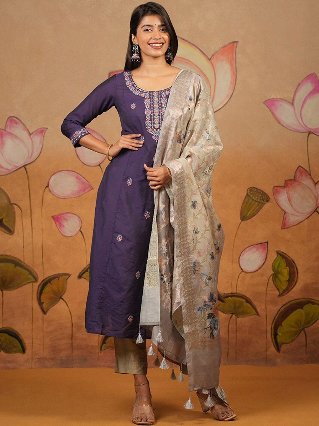 maybell floral embroidered pure silk kurta with trousers & dupatta