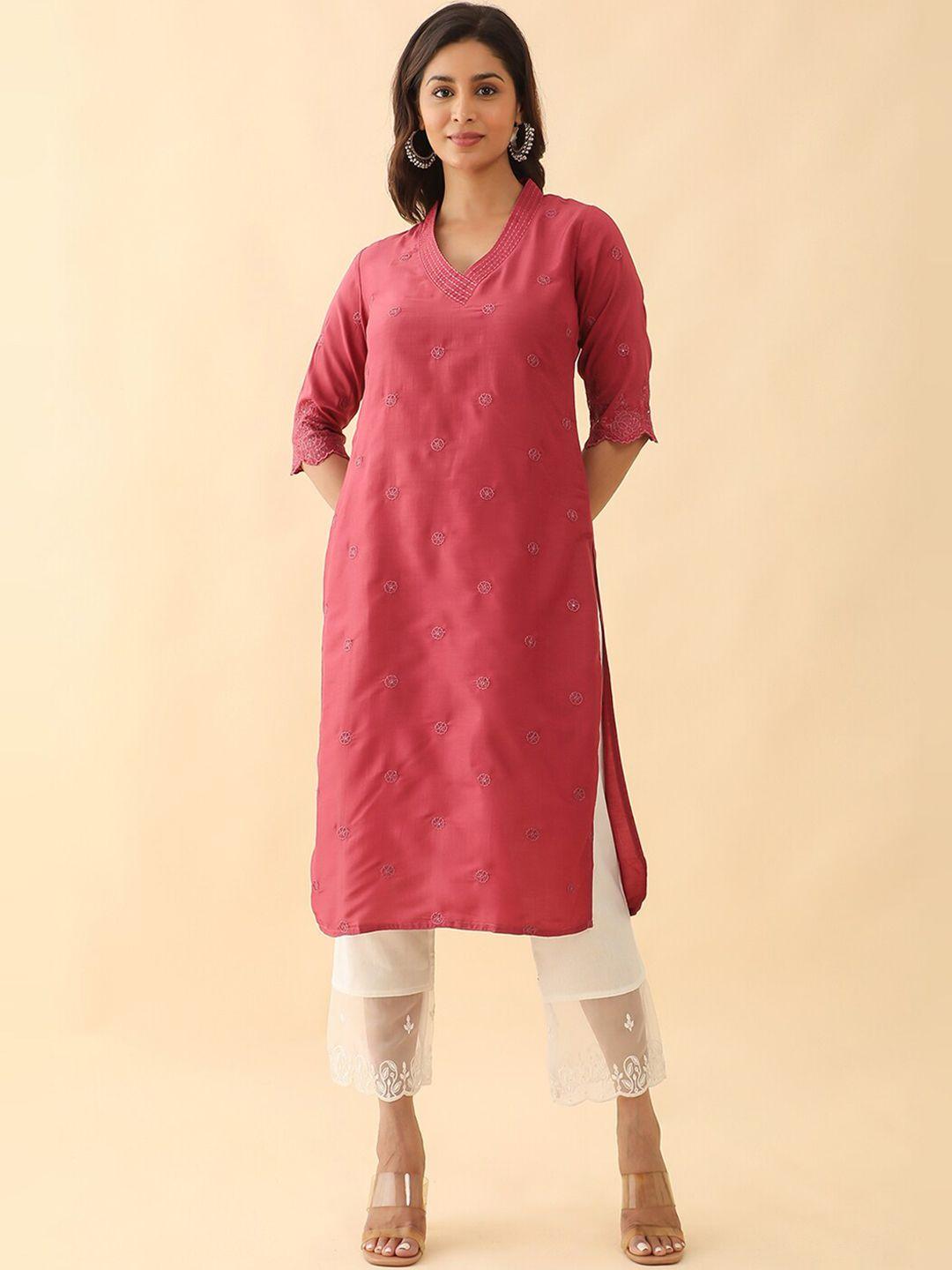 maybell floral embroidered v-neck pure chiffon straight kurta