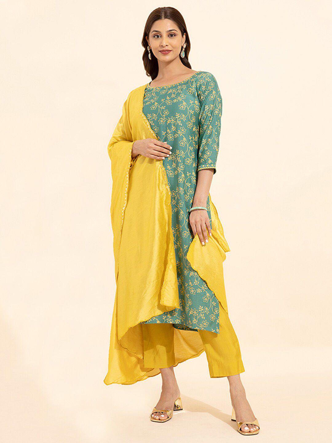 maybell floral printed embroidered straight kurta with trouser & dupatta