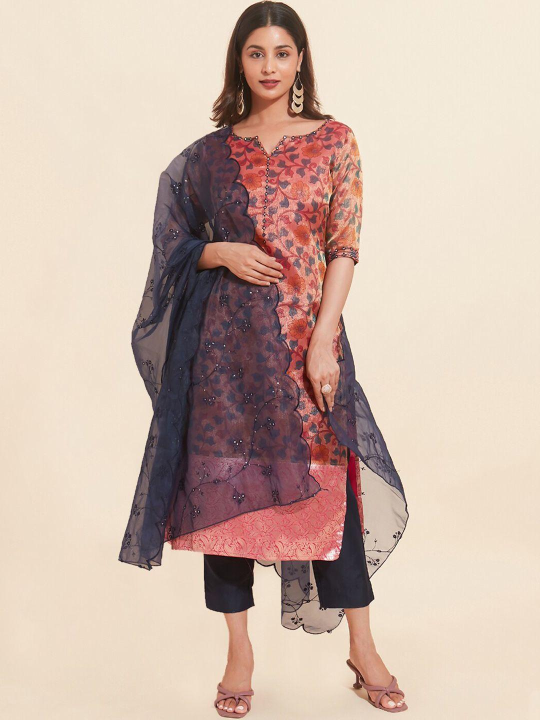 maybell floral printed mirror work organza kurta with trousers & dupatta