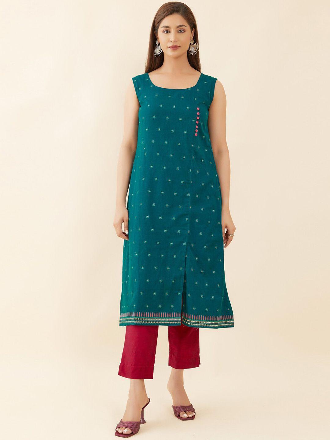 maybell floral printed sleeveless a-line pure cotton kurta