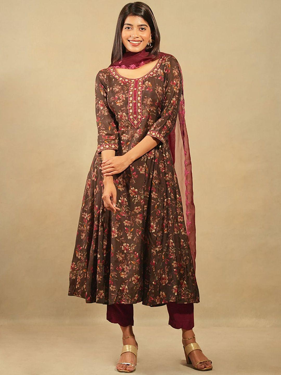 maybell floral printed thread work kurta with trousers & dupatta