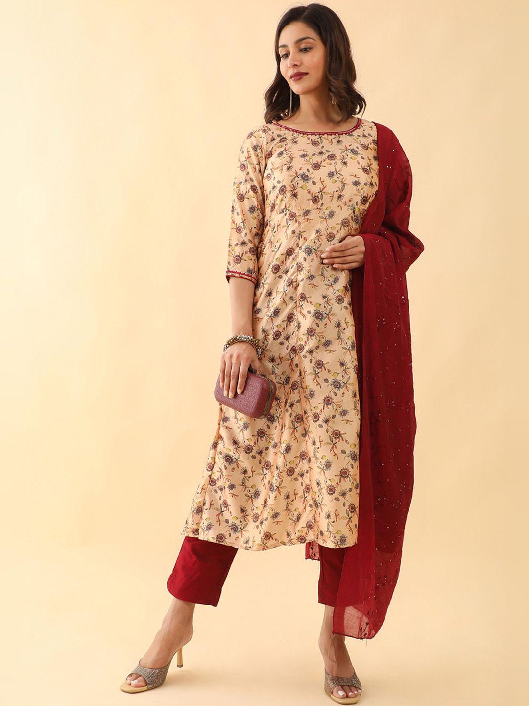 maybell floral printed thread work pure silk a-line kurta with trousers & dupatta
