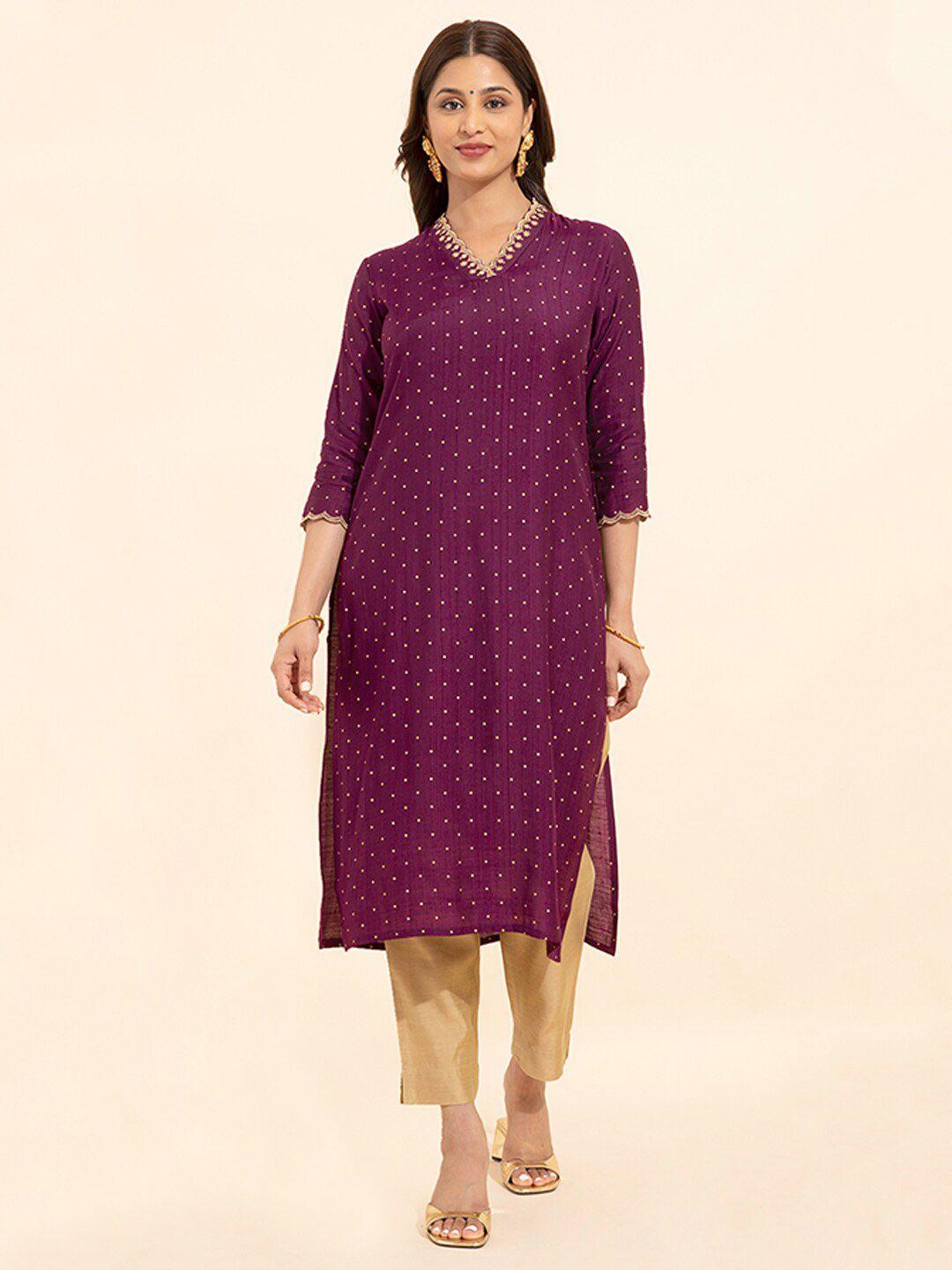 maybell gotta patti polka dots printed v-neck regular straight kurta