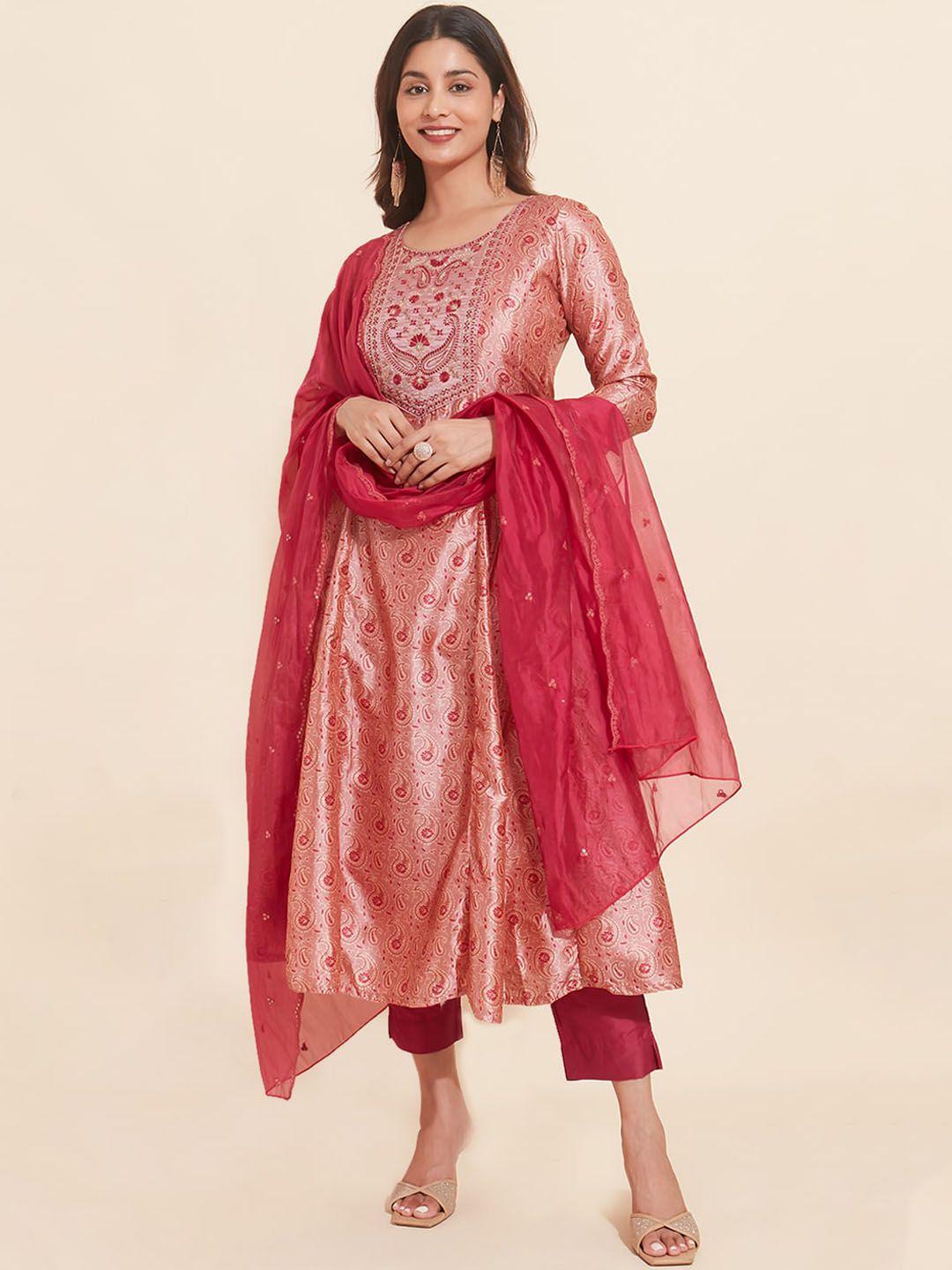 maybell paisley printed thread work a-line kurta with trouser & dupatta