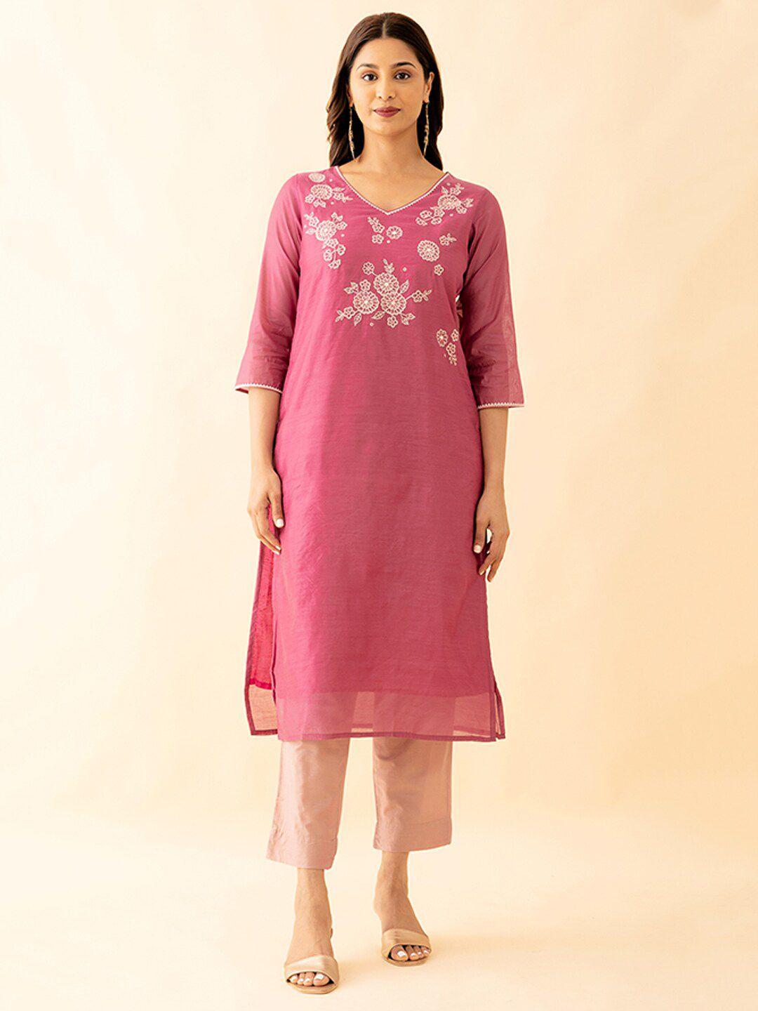 maybell printed chanderi silk straight kurta with trouser