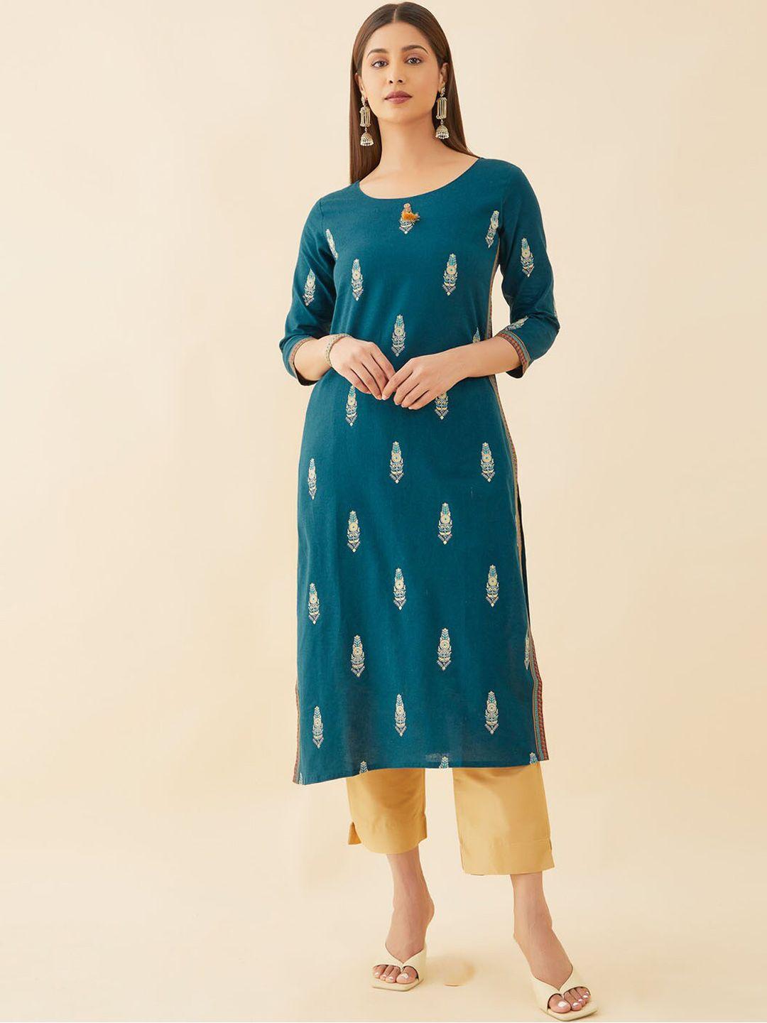 maybell women blue bandhani printed keyhole neck flared sleeves kurta