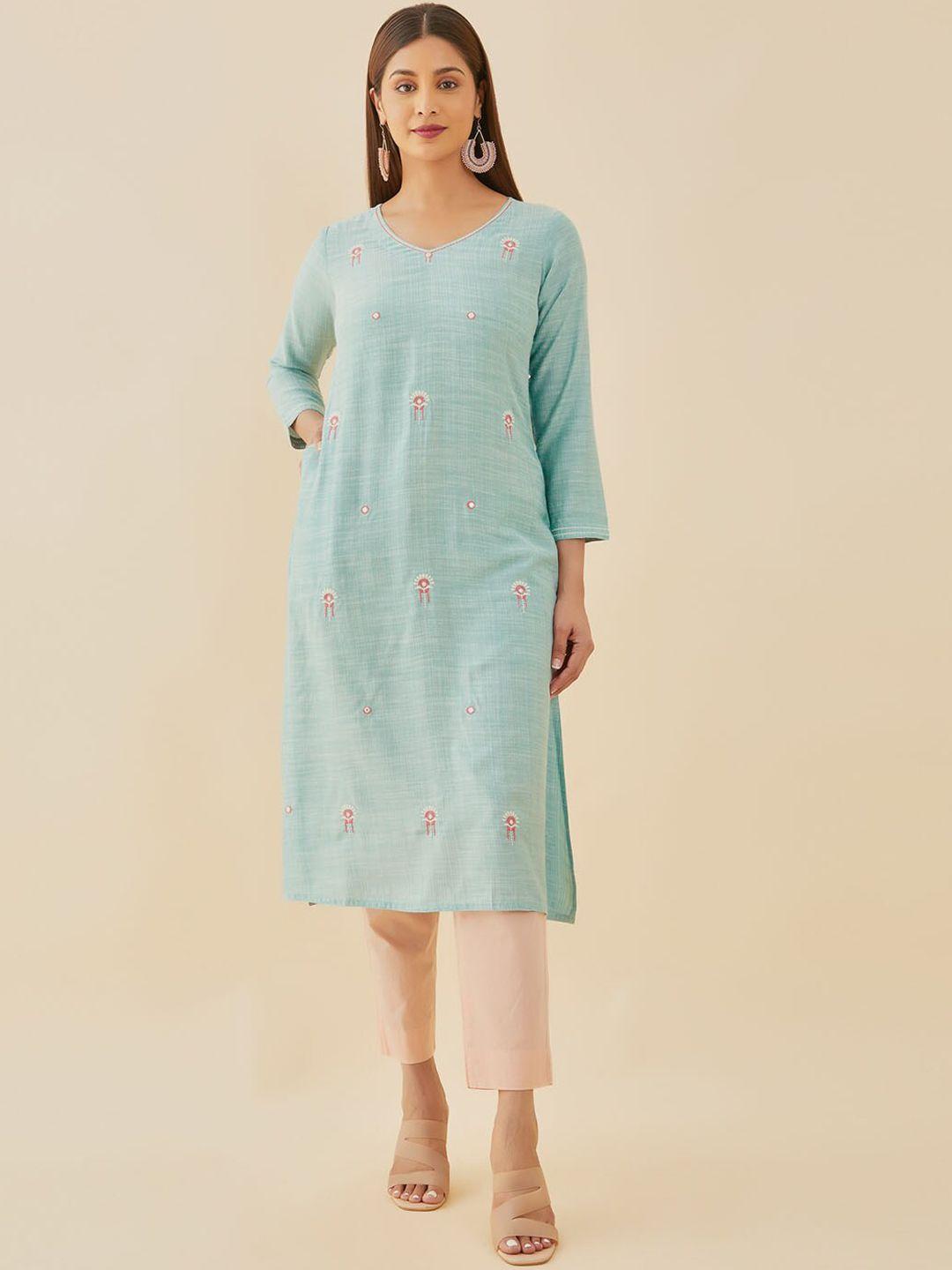 maybell women blue embroidered flared sleeves thread work kurta