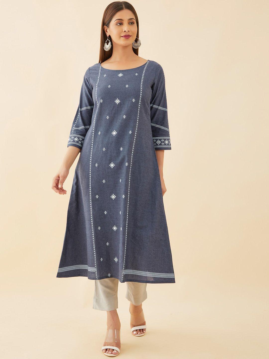 maybell women blue geometric embroidered flared sleeves gotta patti kurta