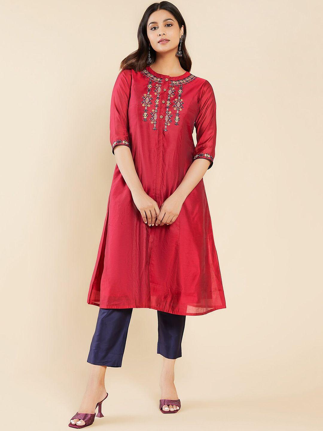 maybell women embroidered chanderi silk kurta with trousers