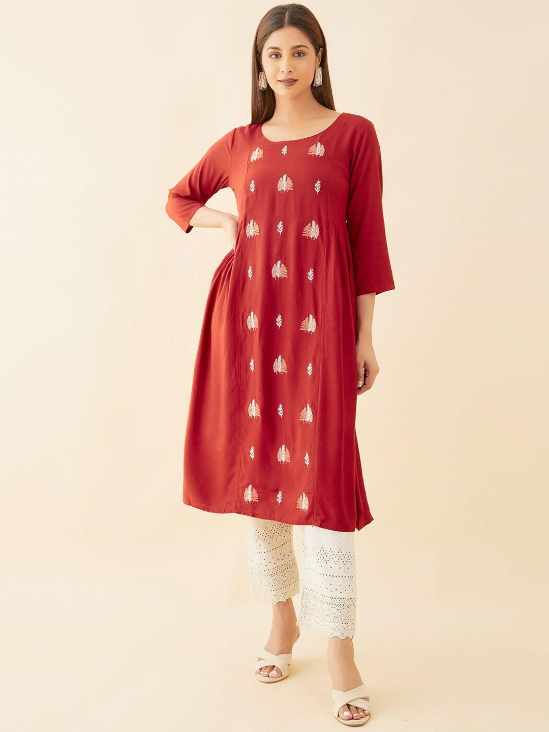 maybell women rust embroidered flared sleeves chikankari kurta