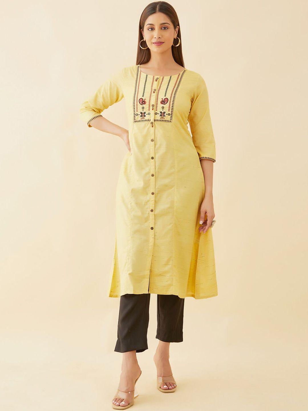 maybell women yellow embroidered keyhole neck flared sleeves thread work anarkali kurta