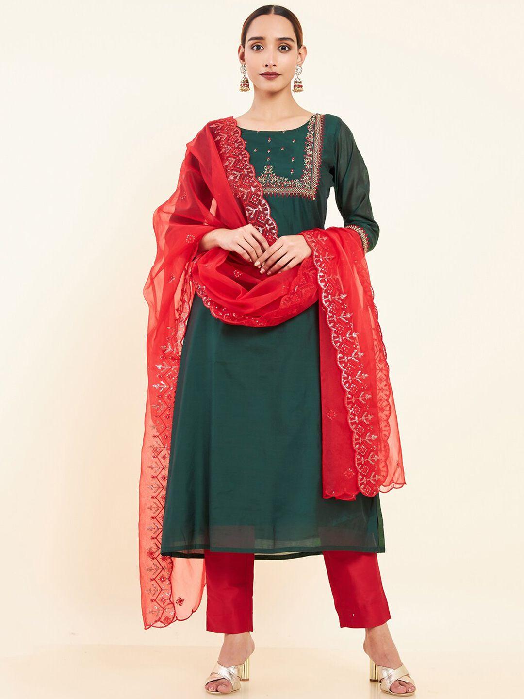 maybell yoke design embroidered pure silk kurta with trousers & dupatta