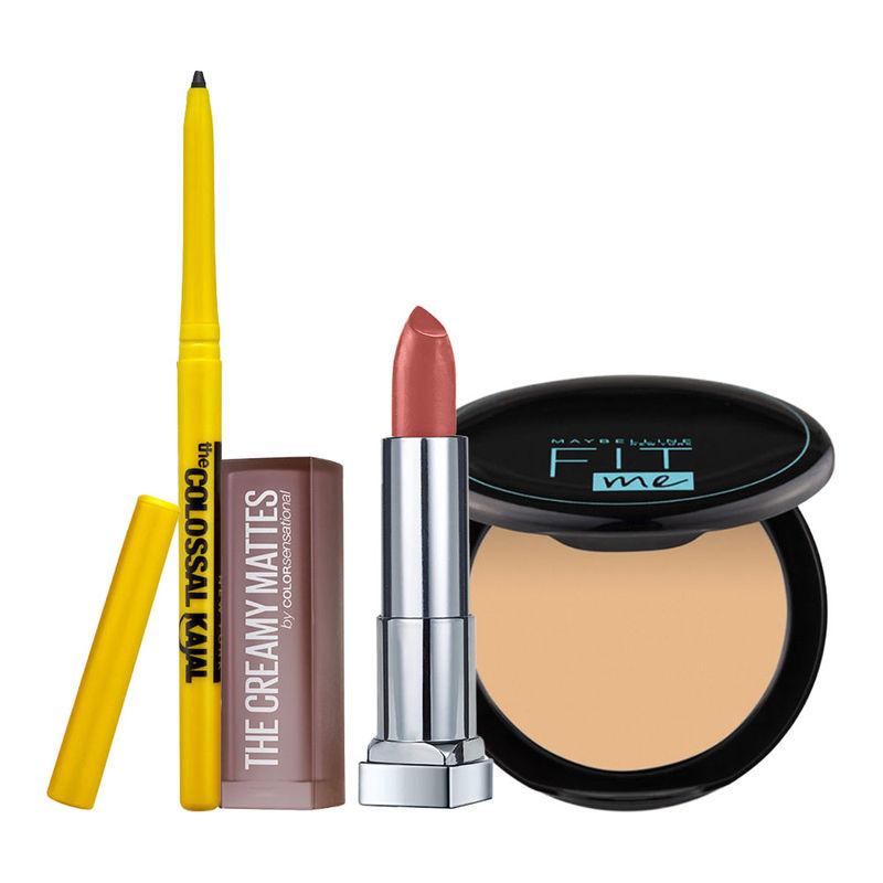 maybelline new york color creamy matte lipstick with fit me compact powder & colossal kajal