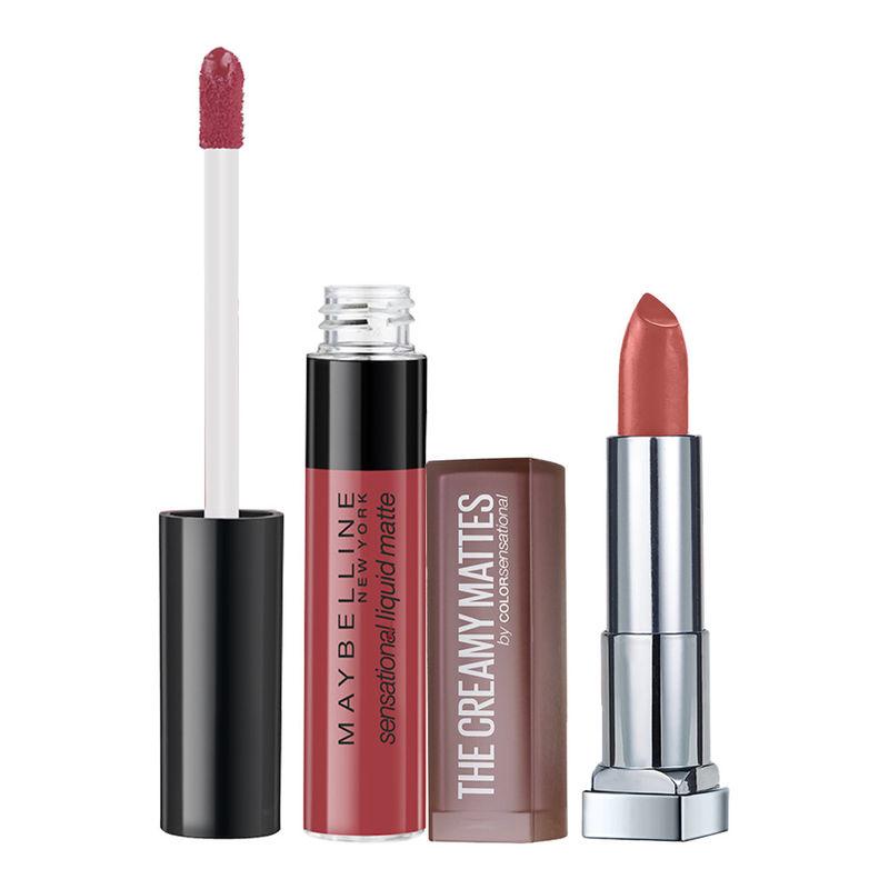 maybelline new york creamy matte lipstick nude nuance + sensational liquid matte lipstick - sensationally me combo
