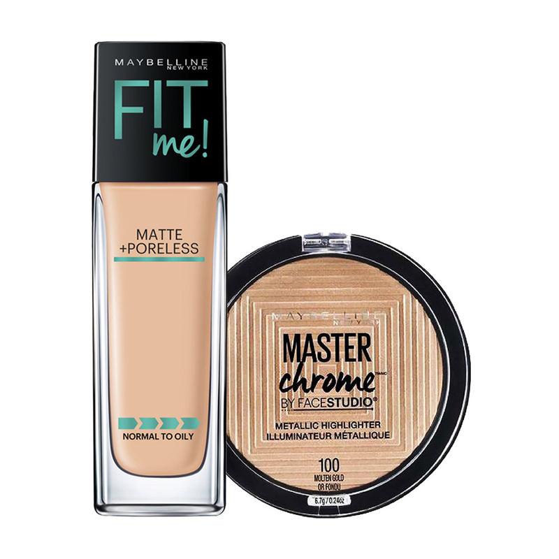 maybelline new york fit me foundation with pump - 128 warm nude + molten gold highlighter combo