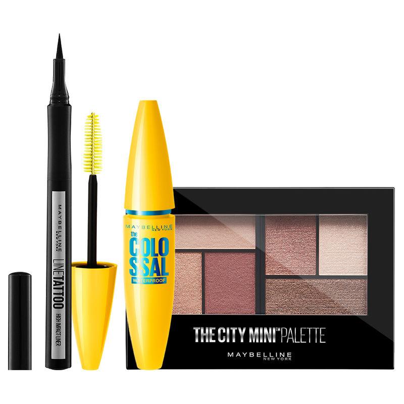 maybelline new york eye makeup kit - colossal mascara + tattoo liner + 5th avencue city mini palette