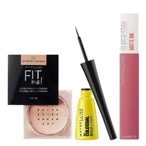 maybelline new york instaweddings hustler haldi combo - pack of 3 (fit me loose finishing powder - medium, 20g + superstay matte ink - ruler, 5ml + colossal waterproof mascara, 10ml)