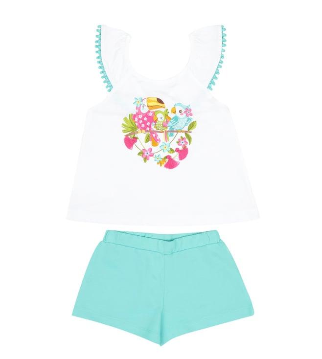 mayoral kids aqua floral parrot print regular fit top & shorts