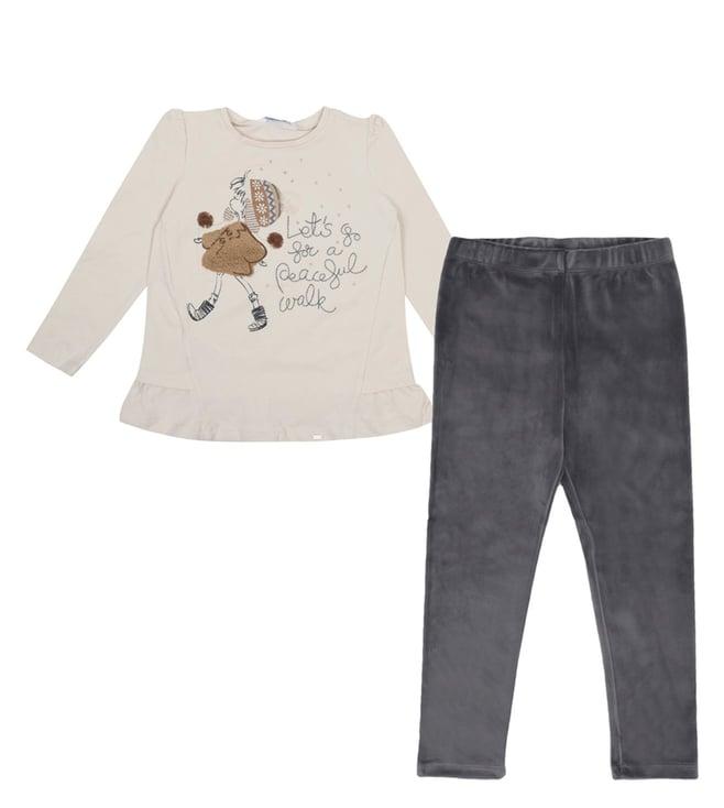 mayoral kids beige & black girl print regular fit top & leggings set