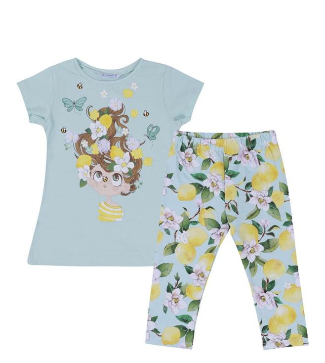 mayoral kids blue printed regular fit top & leggings set