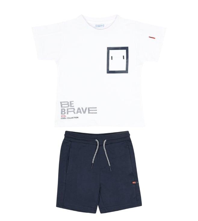 mayoral kids blue text print regular fit t-shirt & shorts set
