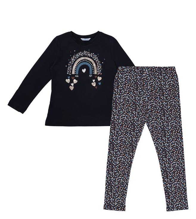 mayoral kids navy heart print sequins regular fit t-shirt & leggings set