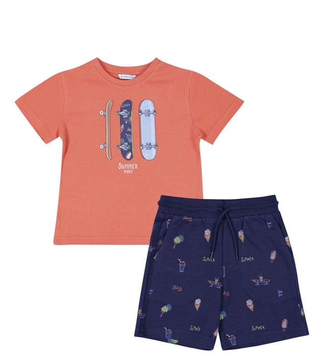 mayoral kids orange printed regular fit t-shirts & shorts set