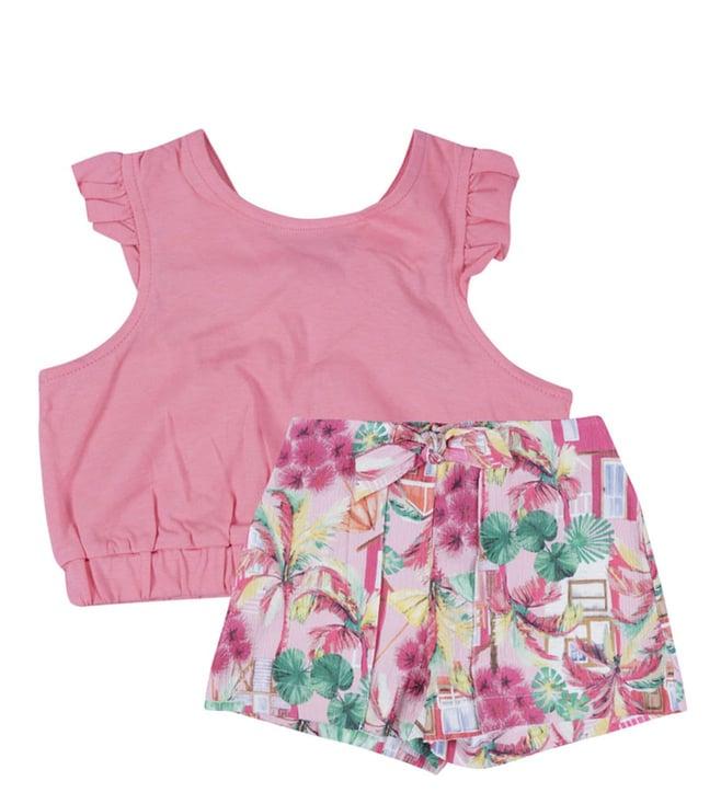 mayoral kids pink palm tree print regular fit top & shorts set