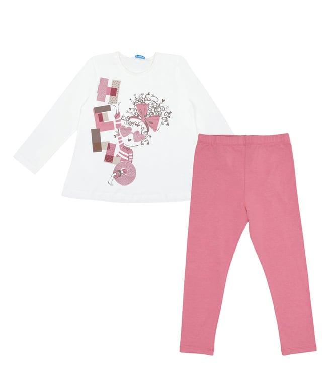 mayoral kids white & pink shimmer regular fit t-shirt & leggings set