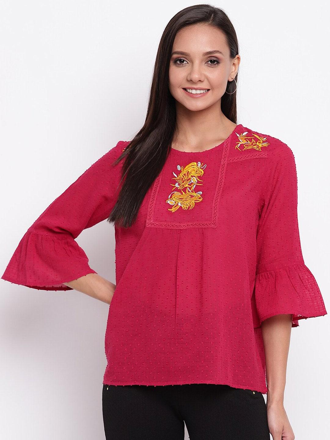 mayra bell sleeves floral embroidered a-line pure cotton top