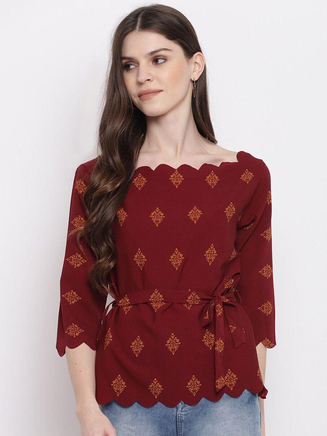 mayra ethnic motif printed boat neck cinched waist top