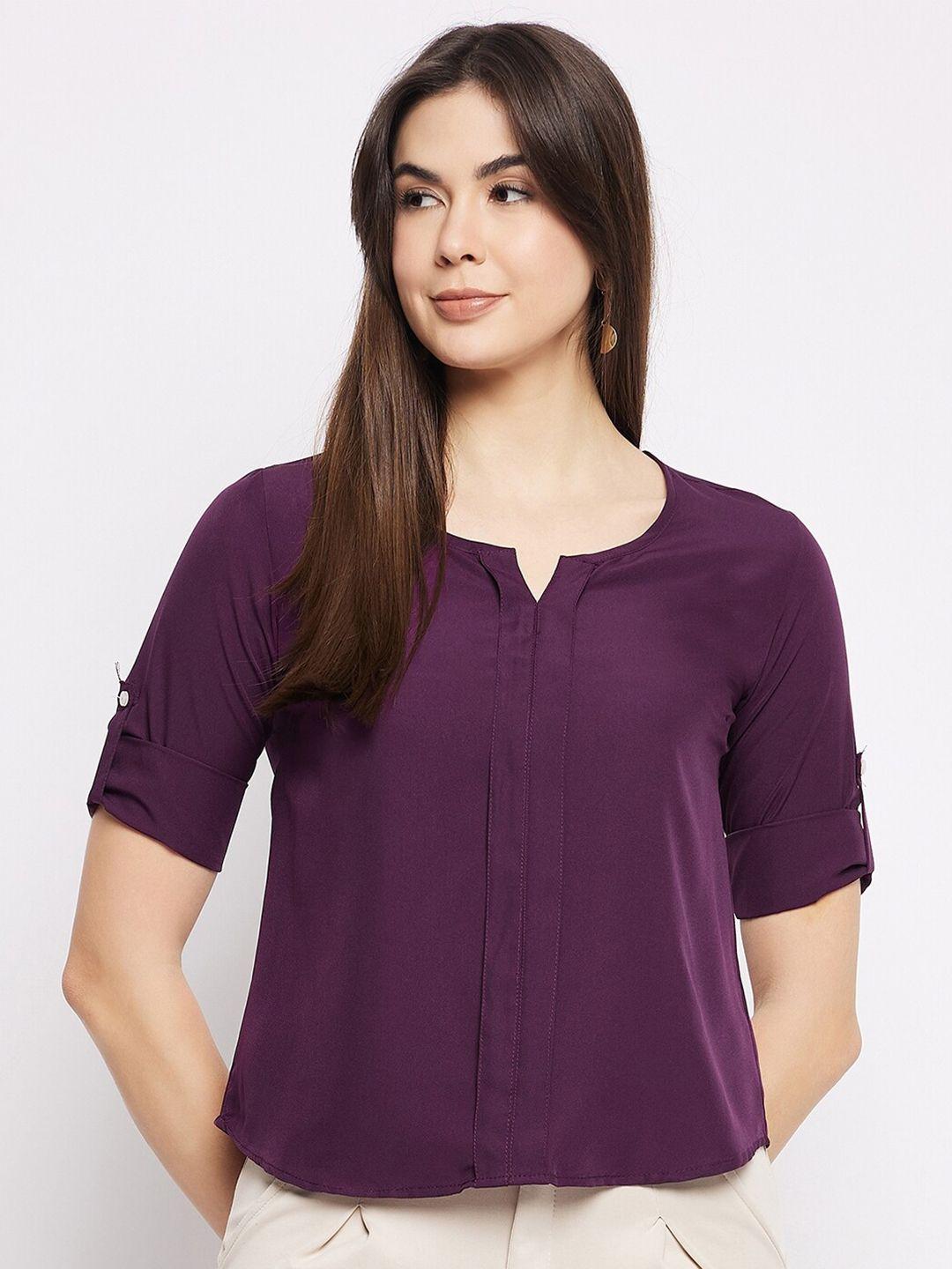 mayra notch neck roll-up sleeves top