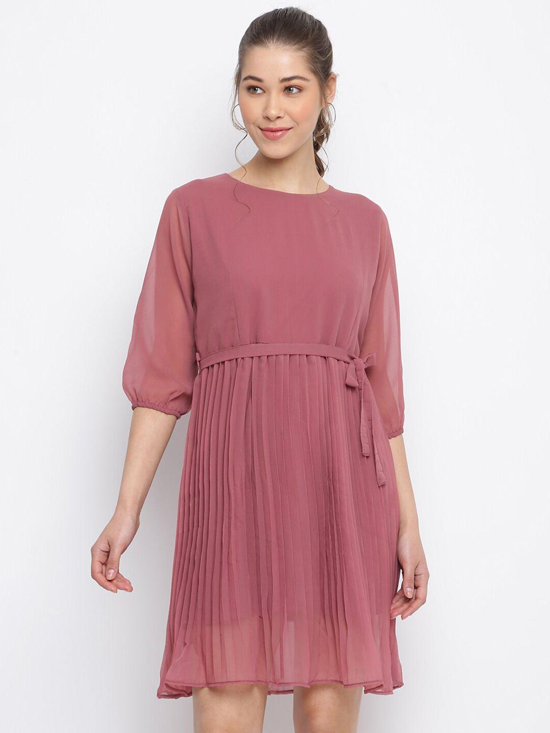 mayra pink solid georgette fit & flare dress